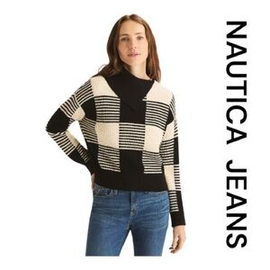 NAUTICA JEANS Buffalo-Check Drop-Shoulder Split Turtleneck Sweater, Size L.